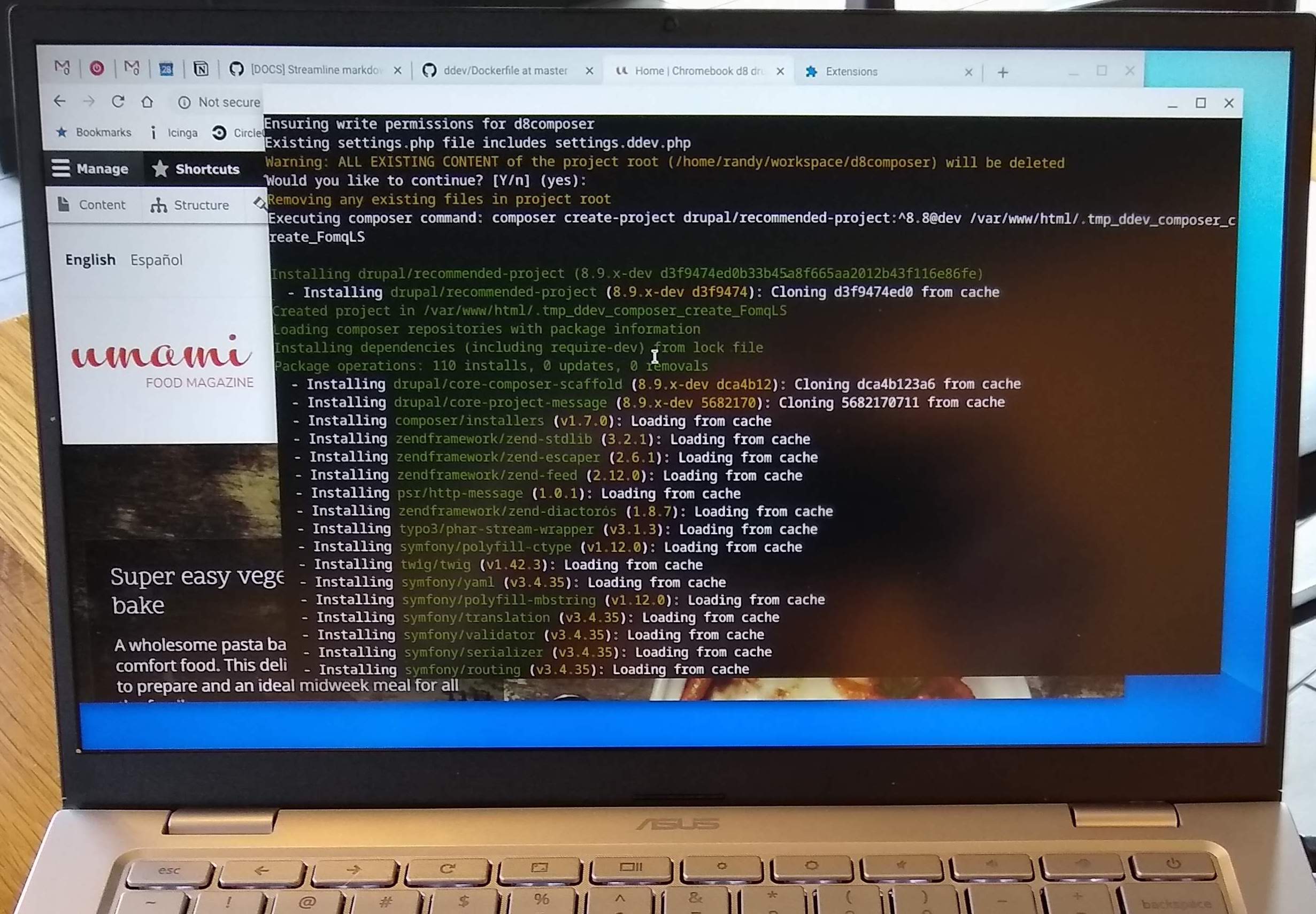Photograph of Randy’s Chromebook where DDEV’s busy running a triumphant Composer install.