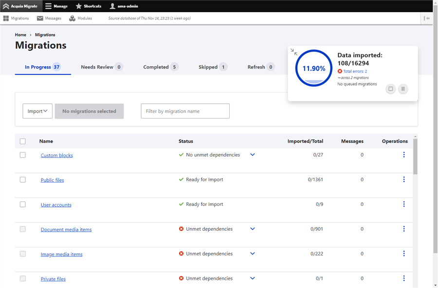 Acquia Migrate Accelerate Dashboard